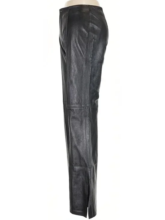 💋CHIC & STYLISH!💋100% Genuine Leather High Waist Slit Hem Flare Pants in Black - Picture 9 of 16